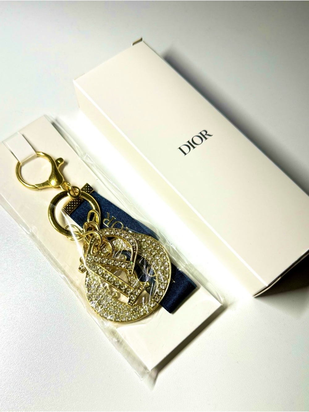 DIOR Gold Rhinestone-Studded Bag  Charm Key Holder with Navy Ribbon GWP NWB - Picture 5 of 11